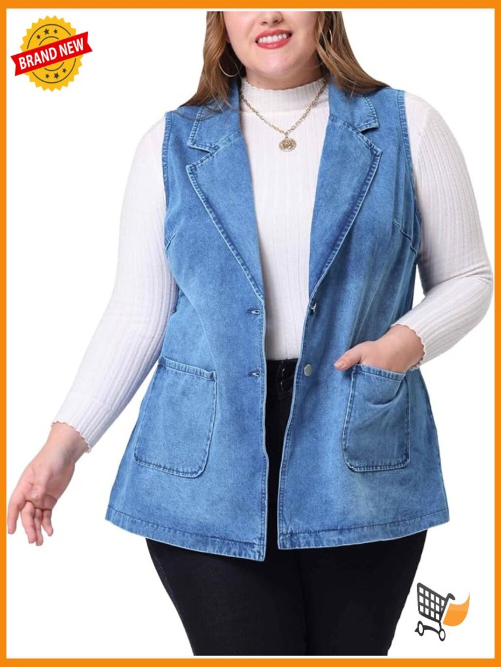 Dressy Sleeveless Lapel Denim Vest Tunic Long Jean Jacket Plus Size